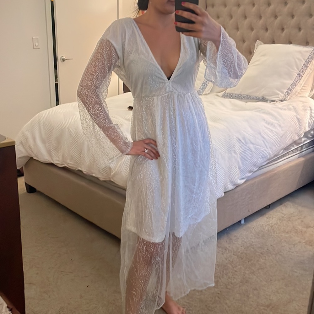 White Silver‎ Shiny Long Dress with Sheer Sleeves and white underlining S